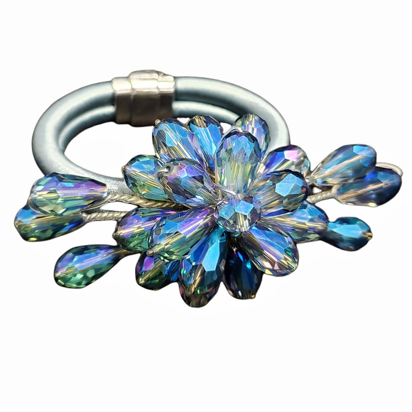 Aurora Borealis Crystal Iridescent Flower Handmade Bracelet in Baby Blue Pastel - Picture 2 of 3